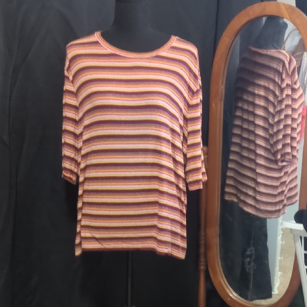 GAP Women's Mid-Long Sleeve Striped Top - Pink and Orange